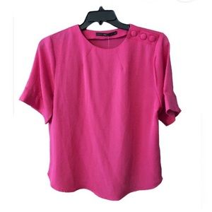 NWOT hazel blouse in hot pink with 3 button collar closure button sleeves L